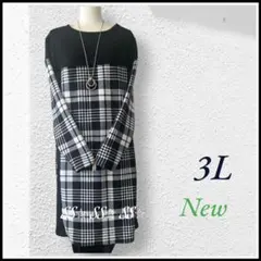 チェック柄切替 ワンピース チュニック 3L ブラック ホワイト