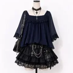 axes femme Y2K ゴシック レースシフォンチュニック M ネイビーのサムネイル