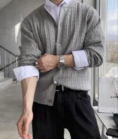 クルーネック ケーブル編み ニットカーディガン