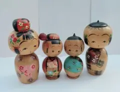 昭和レトロ手描きの木製こけし人形セット 4体