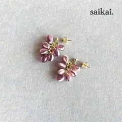 [1023]チェコガラスドロップのピアス ホワイト パープル ハンドメイド