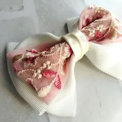 【期間限定販売】春色　インド刺繍リボンのヘアゴム（大）　さくらピンク