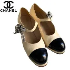 CHANEL 38.5 メリージェーン パンプス ライトベージュ×ブラック