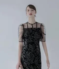 【LEJA】ドットチュールフラワースパンコールIラインドレスワンピース