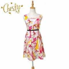 Chesty チェスティ リボンプリント ノースリーブワンピース 黒ベルト付