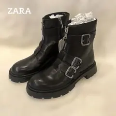 【新品未使用】ZARA レザー　アンクルブーツ バックル　トラックソール