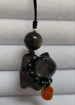 ★未使用品★シルバーオブシディアンキーホルダー　ストラップ　ネコ　招福納福