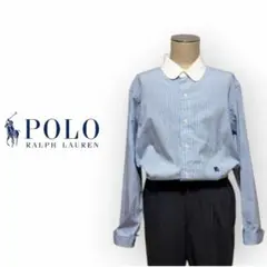 【ユニセックス】ポロラルフローレン ストライプシャツ ブルー XL 丸襟 使用浅