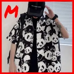696　大人気　パンダ柄カジュアルシャツ　Mサイズ　ブラック　韓国