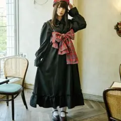 kutir クティール　 レトロのチェックリボンビスチェセットフリル襟ワンピース