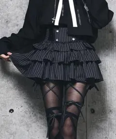 Amilige ハイウエストエンブレムボタン付きフリルパンツ ストライプ グレー