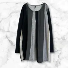 長袖チュニック　薄手トップス　LL グレー系　ゆったり　総柄　シンプル