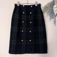 4-28 レトロ　ヴィンテージ　古着女子　ゴールドボタン　チェック　黒　ミモレ丈