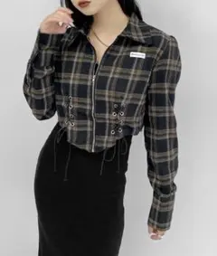 LVEU. レースアップデザインジップシャツ チェックシャツ
