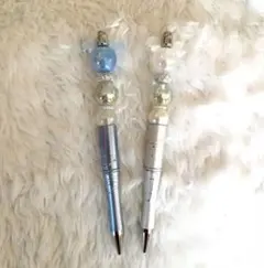 ミッキー型ビーズ装飾付きボールペン2本セットෆ˚*(ブルー系)