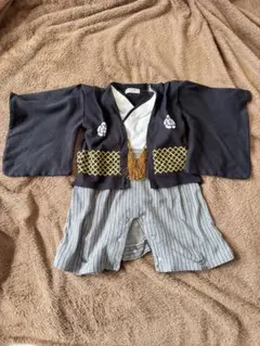 【80】ベビー袴ロンパース 着物風 男の子 お食い初め 初節句 黒 ストライプ