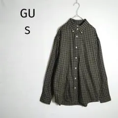 GU　ジーユー　コットンチェックシャツ　S　カーキ系　長袖シャツ