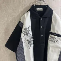 ヴィンテージ　レトロ　半袖ポロシャツ　異素材切替　刺繍　モノトーン　古着