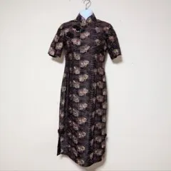 美品 チャイナドレス 花柄 半袖 刺繍　パーティドレス　総柄　ロング丈