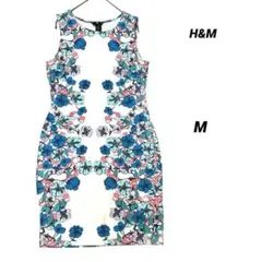 H&M 花柄タイトワンピース ノースリーブ M ひざ丈 ストレッチ 白系
