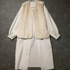 ​3WAY フェイクファーベスト付 ノーカラーコート ロングコート M アイボリ