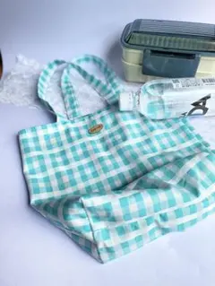 水色と白のチェック柄トートバッグ　手提げ　エコバッグ　ハンドメイド