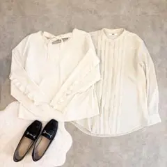 格安【Lサイズ2点】ユニクロ＆ZARA 白ブラウス 抜き襟 フリル まとめ売り