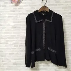 カーディガン　リブ　シック　レディース　襟付き　花柄刺繍　9号　黒　グレー