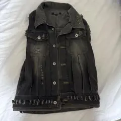 ダークグレー デニム ベスト フリンジ付き