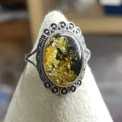 天然石リング　緑花珀　アンバー　高透明シラー　14*10mm SV925刻印