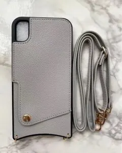 iPhoneXsMaxシンプルレザーソフトケース&ストラップセット グレー　灰色
