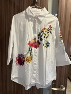 トップス ブラウス シャツ 花柄 フラワー 刺繍 七分袖 長め丈