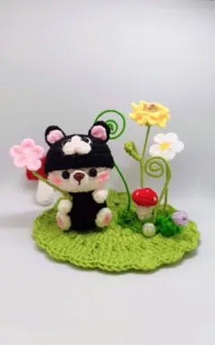 あみぐるみ　猫帽子　プレゼント　コースター付き 枯れない花　インテリア