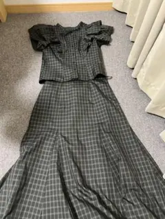 レディース　セットアップ　半袖　フリルブラウススカート　フリーサイズ　チェック