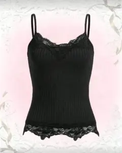 レース付きリブニットキャミソール ブラック Y2K グランジ 森ガール