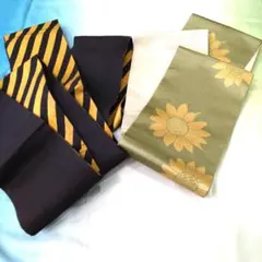 浴衣・帯セット 黒と金のストライプ　若草色の花柄帯の2点セット