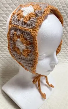 ヘアバンド　バブーシュカ　ヘッドドレス　手編み　お花ヘアバンド　耳当て