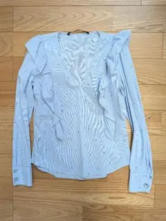 値下げZARA BASIC 長袖ブラウス XS ライトブルー 傘柄