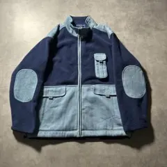 ヴィンテージ フリース 切り替え ブルー パッチワーク ジップアップ ジャケット