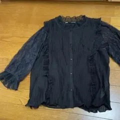 ★ZARA レースプリーツブラウス　XS シアー　ブラック　ザラ　カーディガン
