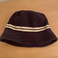 レディース★ 厚めで暖かい★バケットハット　帽子　ボーダー　ダークブラウン