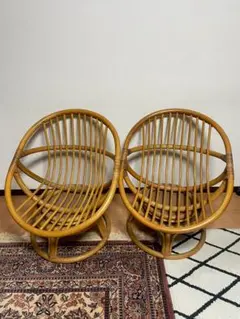 ヴィンテージ ラタン 座椅子 2脚セット 籐家具 アームチェア 和モダン