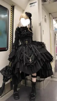 黒 ゴスロリ ロリータ ワンピース ドレス ブラック 十字架 3点セット