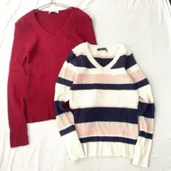 【イング】2枚セット リブセーター ニット Vネック ボーダー 無地 M