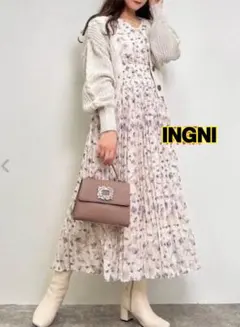INGNI 花柄Vネック プリーツワンピース ベージュ サイズM