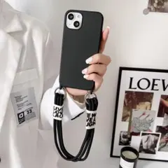 iPhone13ケース　ショルダーケース　紐付き　肩がけ　ブラック　黒