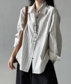 ベージュ ロングブラウス レディース ボーダー 長袖 ゆったりトップス 通勤通学