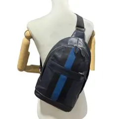 極美品✨️COACH ボディバッグ メンズ ストライプ レザー 紺 ネイビー