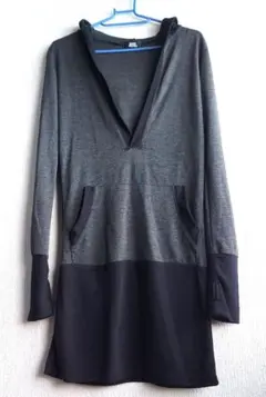 ワンピース チュニック フード、指穴つき М 新品未使用品ブラック黒×グレー春服