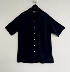 24SS現行QR ポロラルフローレン麻絹リネンシルクツイルシャツ紺 